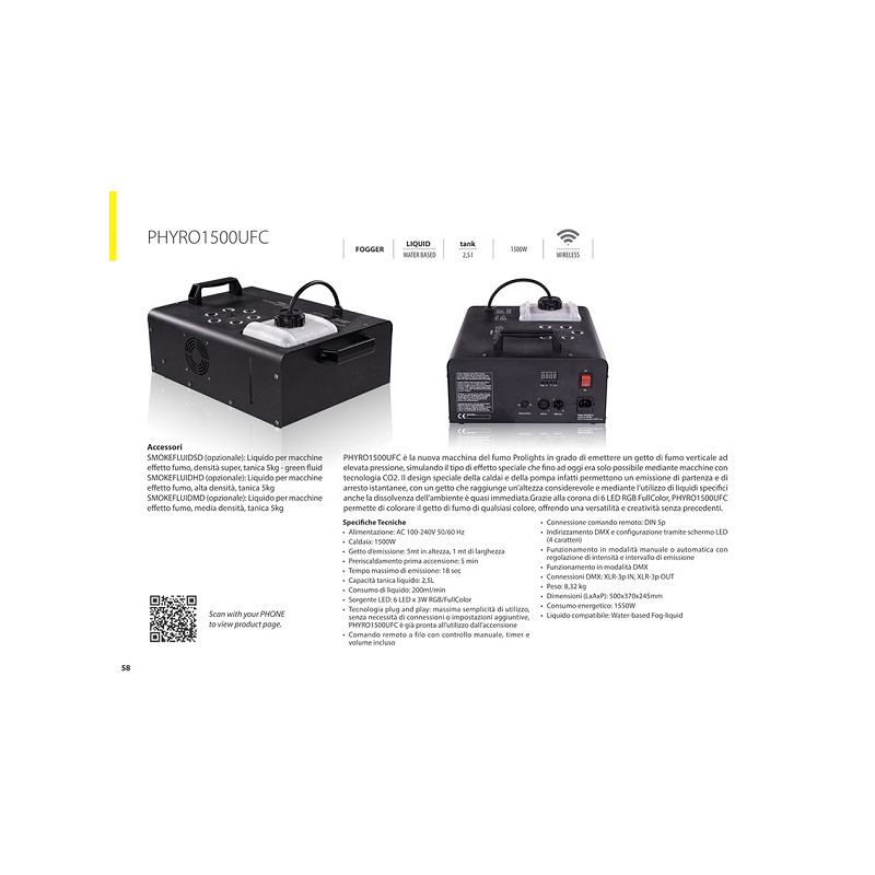FOG MACHINE, 1500W, 6X3W RGB/FULLCOLOR LED, TANICA2, 5L, CONSUMO 200ML/MIN, DMX