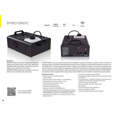 FOG MACHINE, 1500W, 6X3W RGB/FULLCOLOR LED, TANICA2, 5L, CONSUMO 200ML/MIN, DMX
