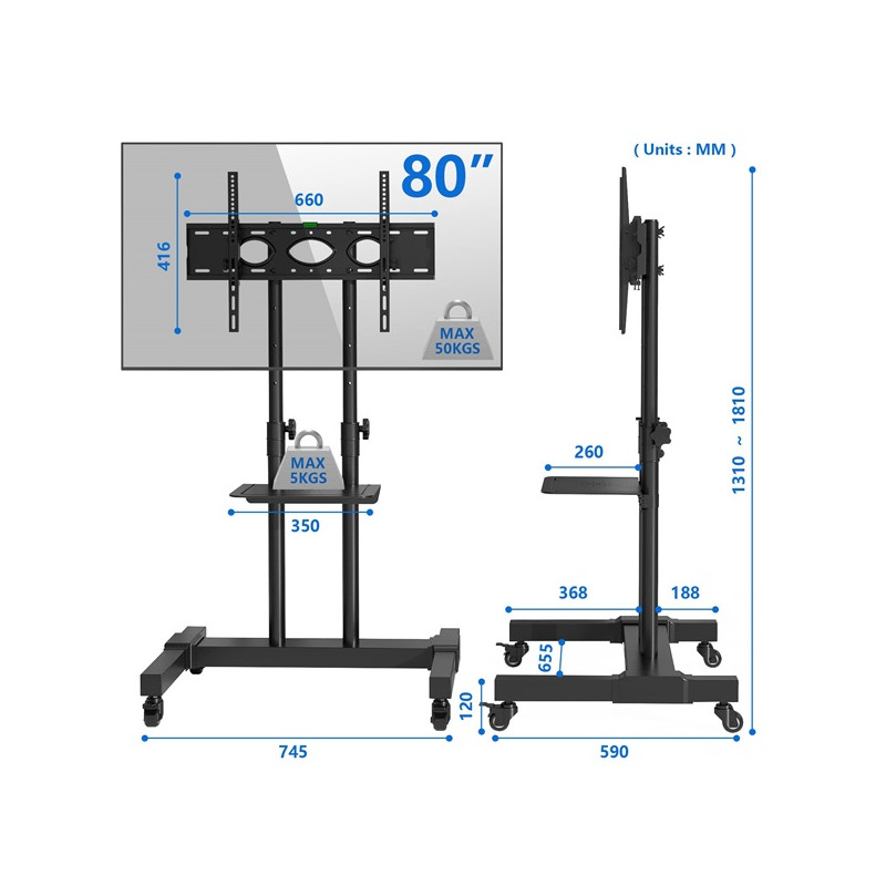 RFIVER Supporto TV da Pavimento con Ruote CarrelloStaffa Porta Mobile Stand Regolabile in Altezza, SupportoTV da Terra per 32 a 