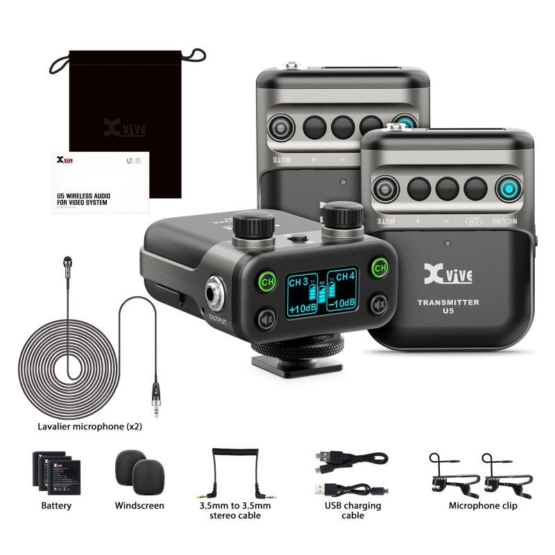 XVIVE U5T2 LAVALIER - Sistema wireless digitale con doppio trasmettitore per camera DSLR o Broadcast